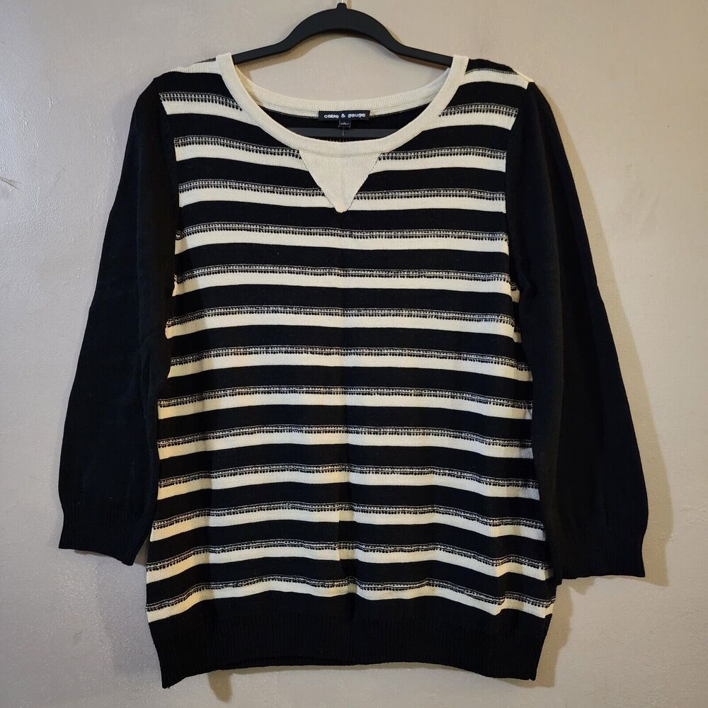 Cable & Gauge Womens Pullover Crewneck Sweater Size L Striped Texture 3/4 Sleeve